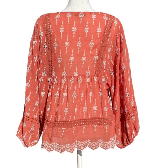 American Eagle Rustic Rust Embroidered Babydoll Blouse M • Boho Peasant Cotton - Picture 4 of 12